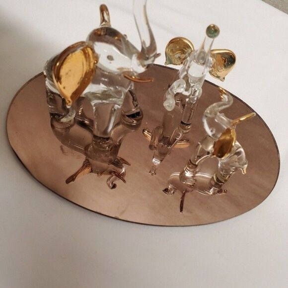 Glass Blown Elephant Trinket Ring Holder 22kt Gold Trim Mirror Base - Picture 7 of 10